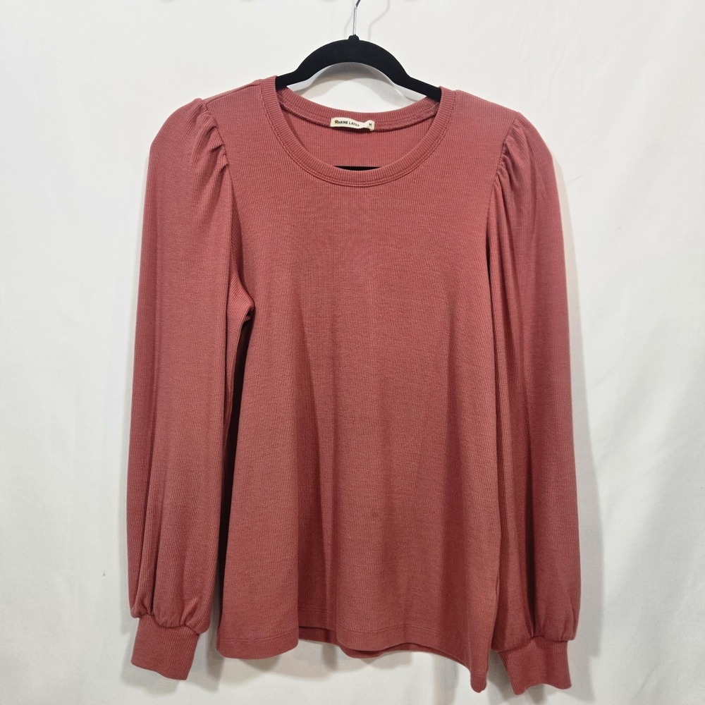 Marine Layer Women's M Dusty Salmon Puff Sleeve Ribbed Knit Top Crew Neck